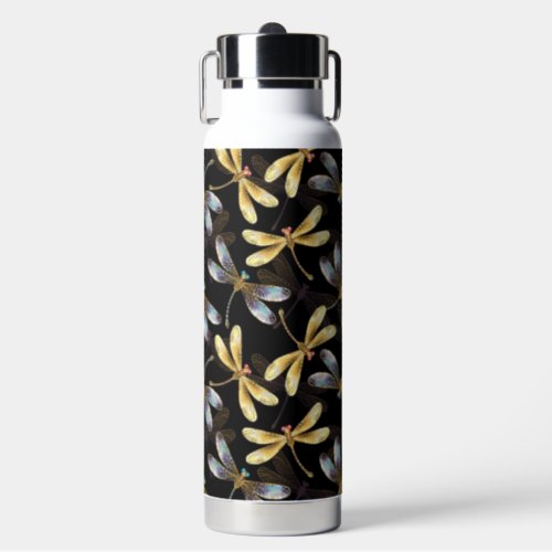 Seamless Pattern with Golden Dragonflies Water Bottle
