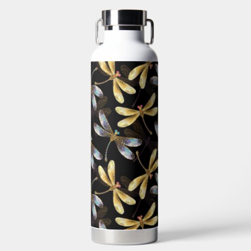 Seamless Pattern with Golden Dragonflies Water Bottle