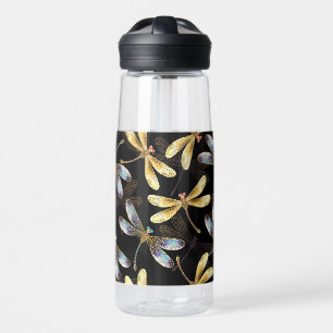 Seamless Pattern with Golden Dragonflies Water Bottle
