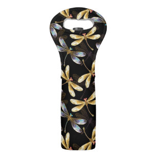 Seamless Pattern with Golden Dragonflies Wine Bag