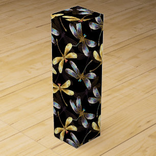 Seamless Pattern with Golden Dragonflies Wine Box