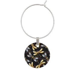 Seamless Pattern with Golden Dragonflies Wine Charm