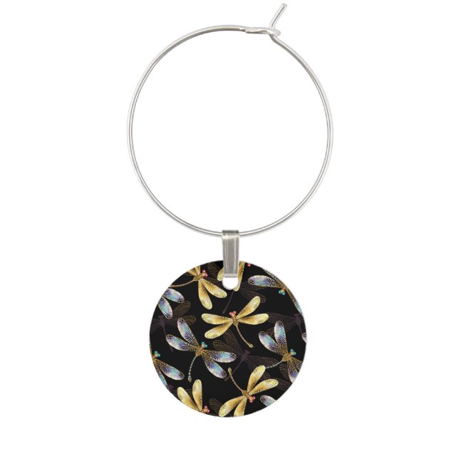 Seamless Pattern with Golden Dragonflies Wine Charm (Front)