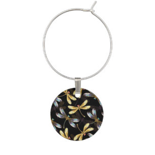 Seamless Pattern with Golden Dragonflies Wine Charm