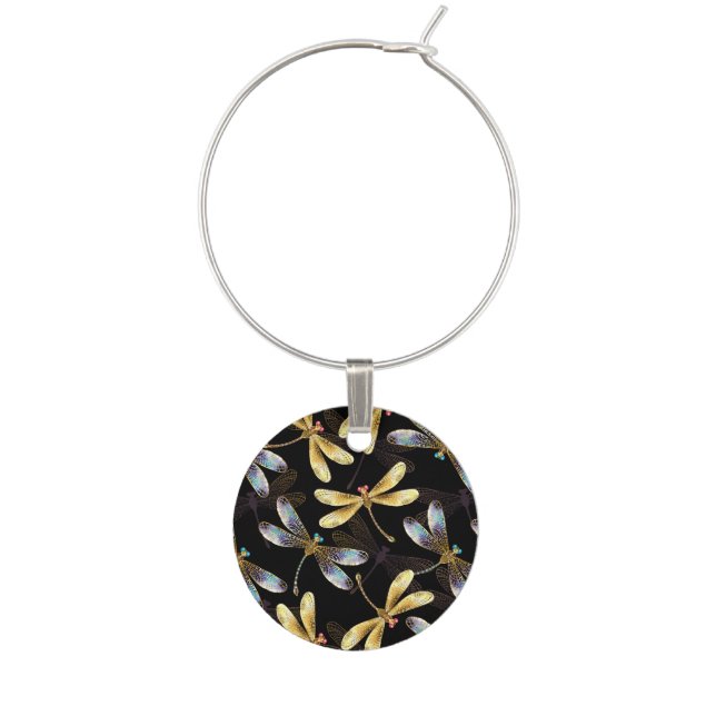 Seamless Pattern with Golden Dragonflies Wine Charm (Front)