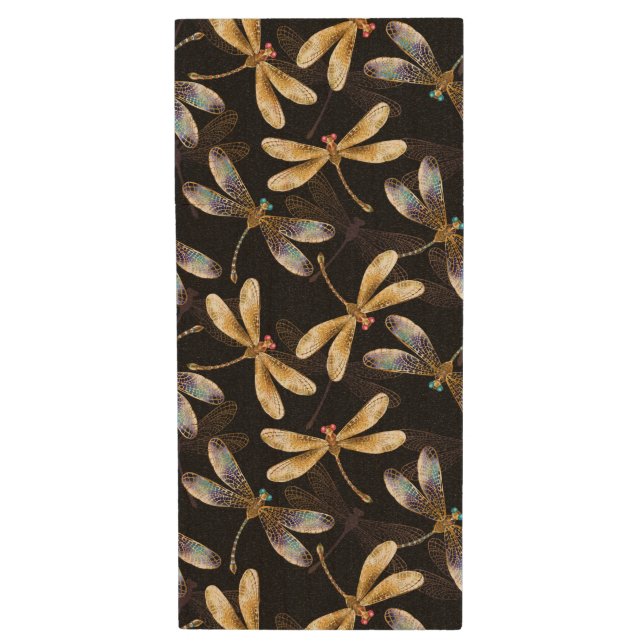 Seamless Pattern with Golden Dragonflies Wood Flash Drive (Front Vertical)