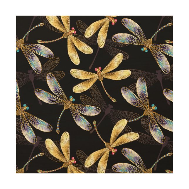 Seamless Pattern with Golden Dragonflies Wood Wall Art (Front)