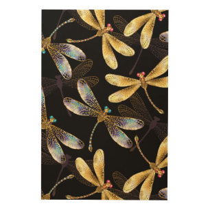Seamless Pattern with Golden Dragonflies Wood Wall Art