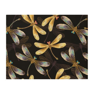 Seamless Pattern with Golden Dragonflies Wood Wall Art
