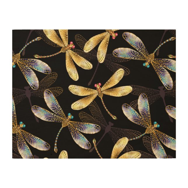 Seamless Pattern with Golden Dragonflies Wood Wall Art (Front)