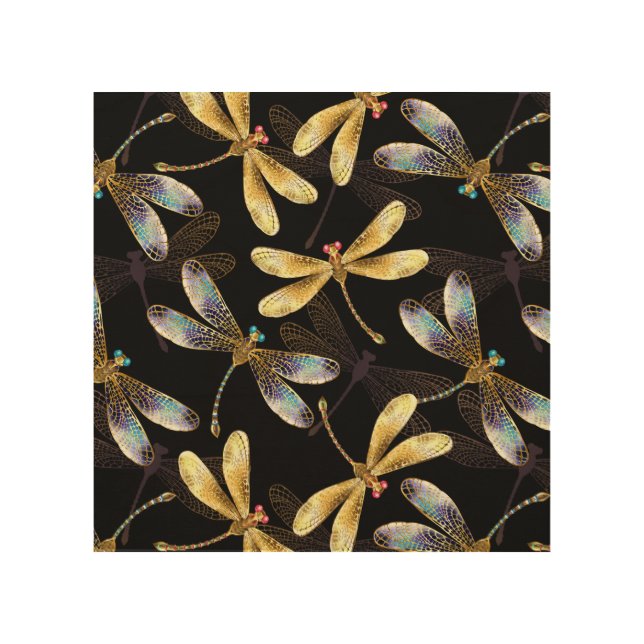 Seamless Pattern with Golden Dragonflies Wood Wall Art (Front)