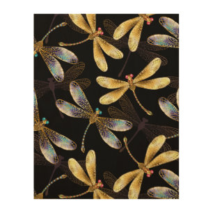 Seamless Pattern with Golden Dragonflies Wood Wall Art