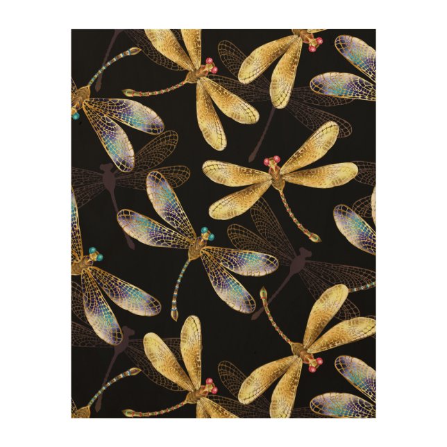 Seamless Pattern with Golden Dragonflies Wood Wall Art (Front)