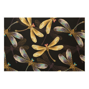 Seamless Pattern with Golden Dragonflies Wood Wall Art