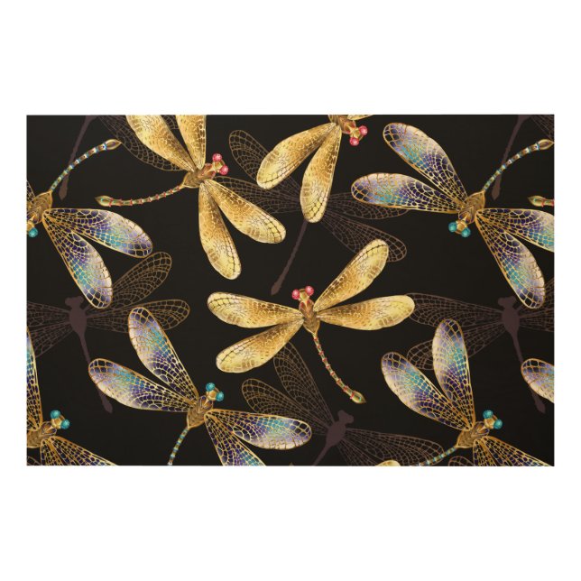 Seamless Pattern with Golden Dragonflies Wood Wall Art (Front)
