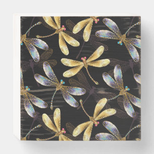 Seamless Pattern with Golden Dragonflies Wooden Box Sign
