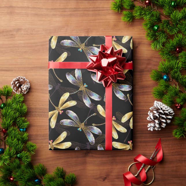Seamless Pattern with Golden Dragonflies Wrapping Paper (Holiday Gift)
