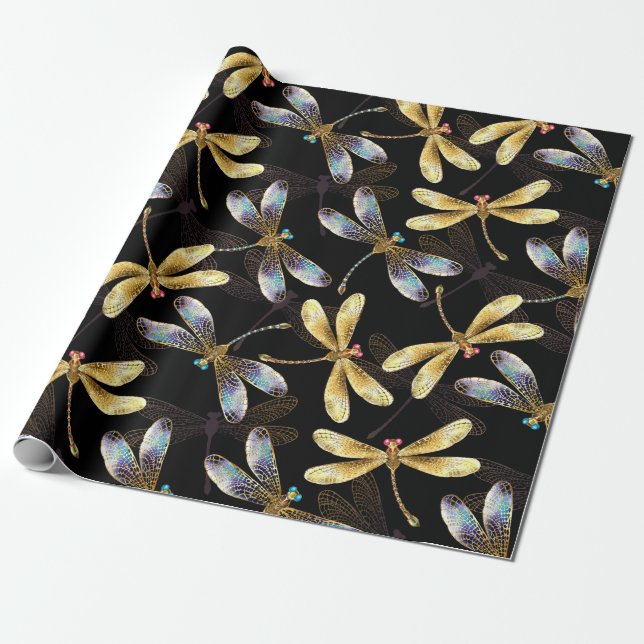Seamless Pattern with Golden Dragonflies Wrapping Paper (Unrolled)