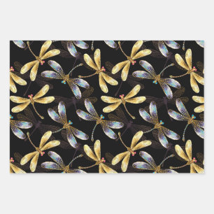 Seamless Pattern with Golden Dragonflies Wrapping Paper Sheets