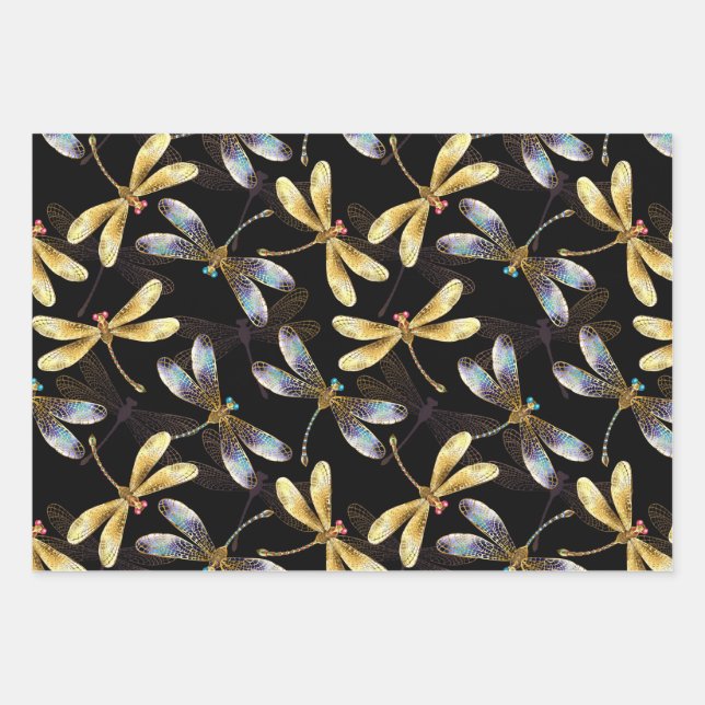 Seamless Pattern with Golden Dragonflies Wrapping Paper Sheets (Front)