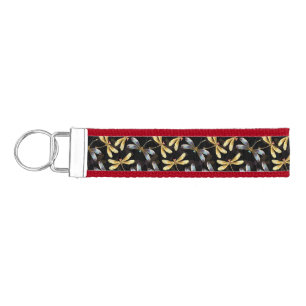 Seamless Pattern with Golden Dragonflies Wrist Keychain