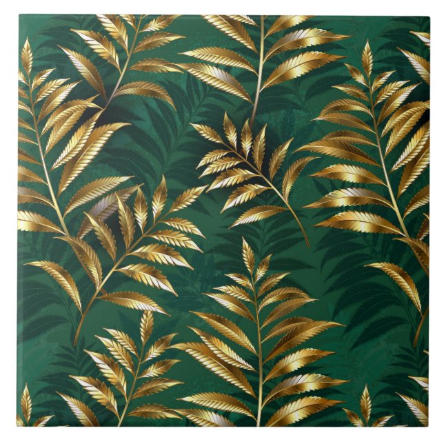 Seamless pattern with golden ferns ceramic tile (Front)