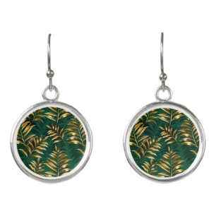 Seamless pattern with golden ferns earrings