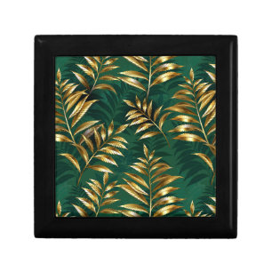 Seamless pattern with golden ferns gift box