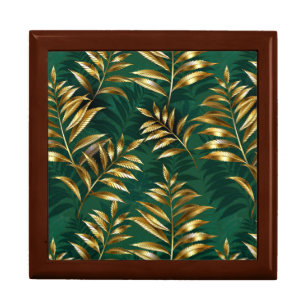 Seamless pattern with golden ferns gift box