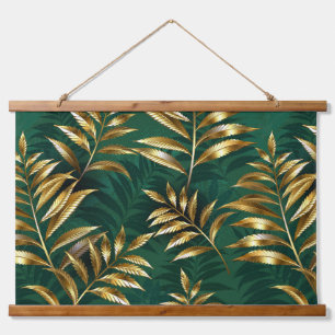 Seamless pattern with golden ferns hanging tapestry