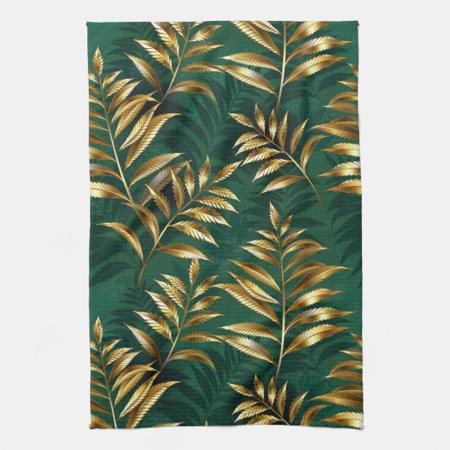 Seamless pattern with golden ferns kitchen towel (Vertical)