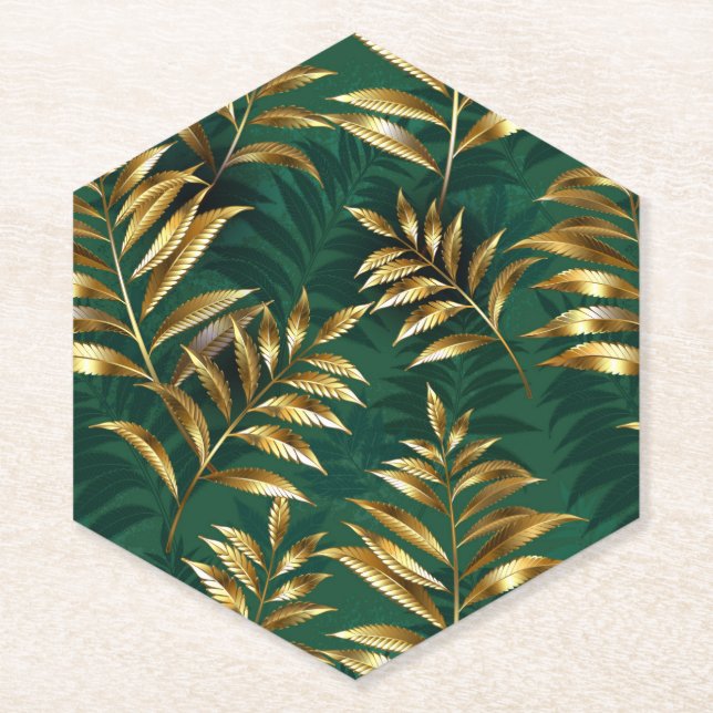 Seamless pattern with golden ferns paper coaster (Front)
