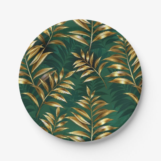 Seamless pattern with golden ferns paper plates (Front)