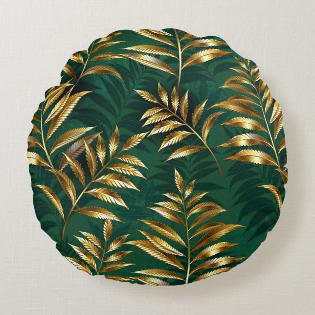 Seamless pattern with golden ferns round pillow (Front)