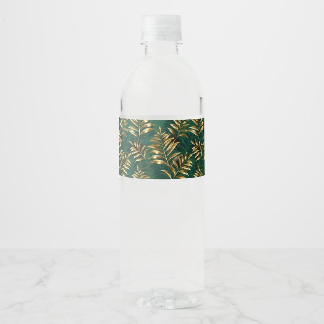 Seamless pattern with golden ferns water bottle label (Front)