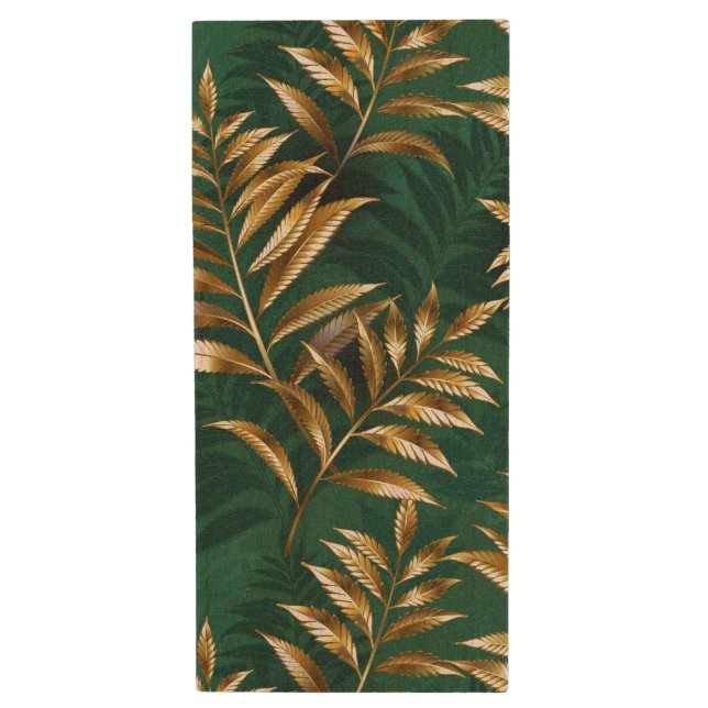 Seamless pattern with golden ferns wood flash drive (Front Vertical)