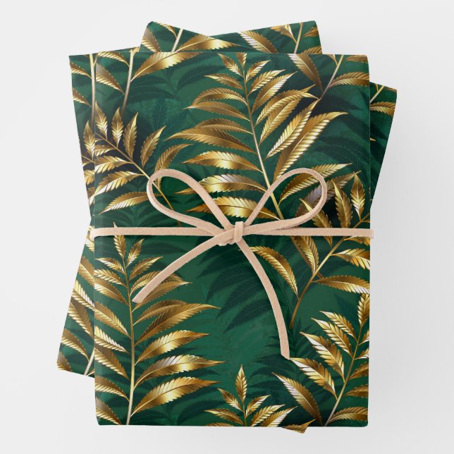 Seamless pattern with golden ferns wrapping paper sheets (In situ)