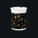 Seamless Pattern with Golden Keys Beverage Pitcher<br><div class="desc">Seamless pattern of antique,  gold and silhouette keys on black background.</div>