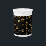 Seamless Pattern with Golden Keys Beverage Pitcher<br><div class="desc">Seamless pattern of antique,  gold and silhouette keys on black background.</div>