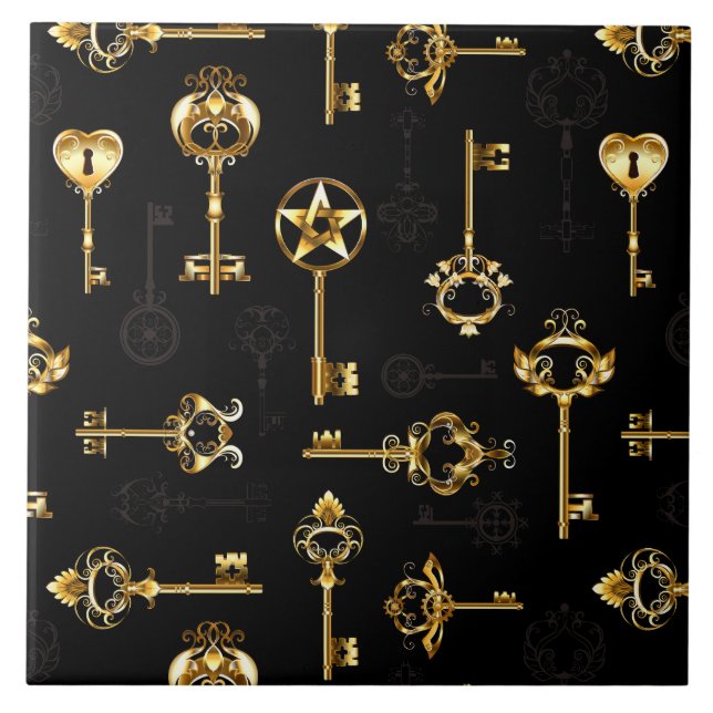 Seamless Pattern with Golden Keys Ceramic Tile (Front)