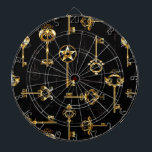 Seamless Pattern with Golden Keys Dart Board<br><div class="desc">Seamless pattern of antique, gold and silhouette keys on black background.</div>