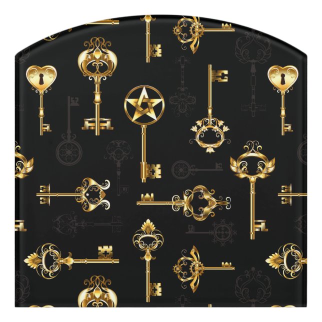 Seamless Pattern with Golden Keys Door Sign (Contour Front)