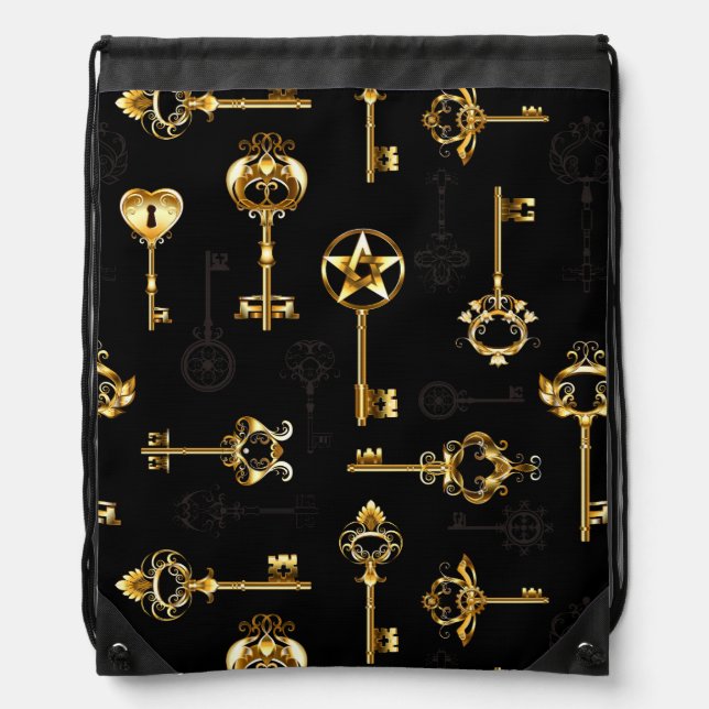 Seamless Pattern with Golden Keys Drawstring Bag (Front)