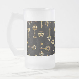 Seamless Pattern with Golden Keys Frosted Glass Beer Mug