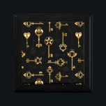 Seamless Pattern with Golden Keys Gift Box<br><div class="desc">Seamless pattern of antique,  gold and silhouette keys on black background.</div>