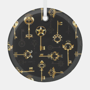 Seamless Pattern with Golden Keys Glass Ornament