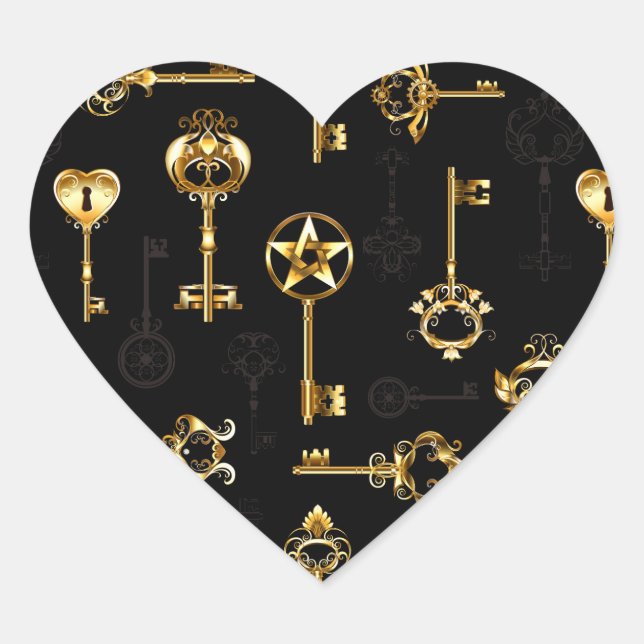 Seamless Pattern with Golden Keys Heart Sticker (Front)