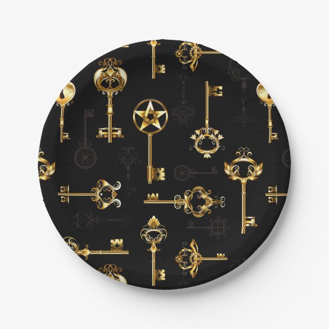 Seamless Pattern with Golden Keys Paper Plates (Front)