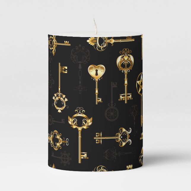 Seamless Pattern with Golden Keys Pillar Candle (Front)