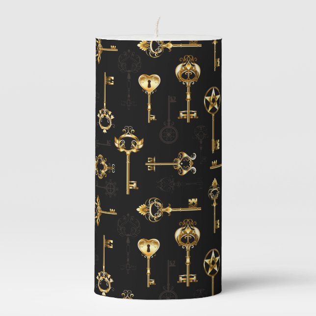 Seamless Pattern with Golden Keys Pillar Candle (Front)